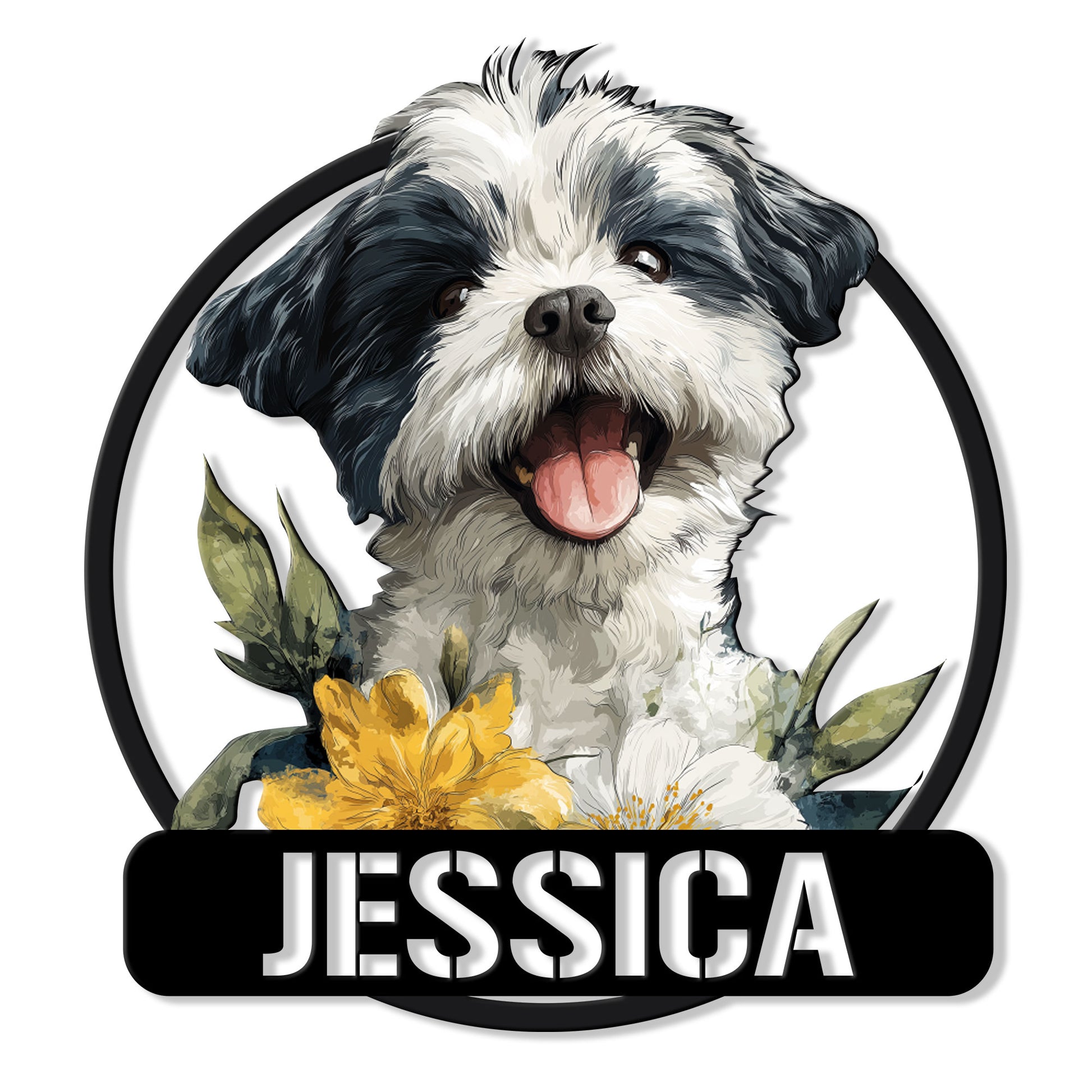 Custom Lhasa Apso metal sign featuring a cheerful black and white dog portrait with yellow and white flowers