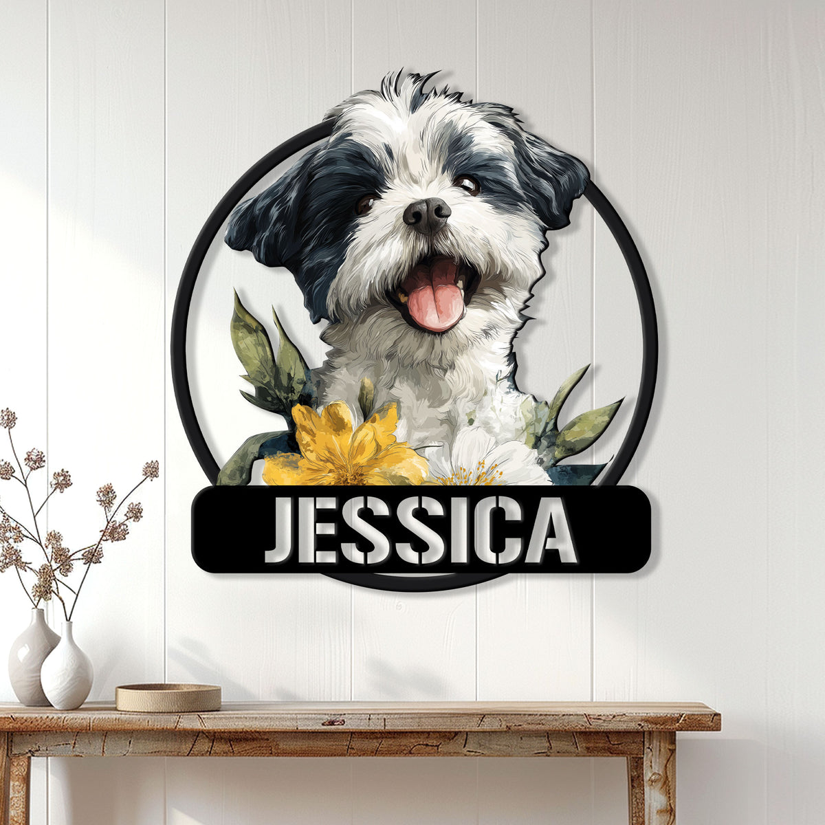 Lhasa Apso dog metal sign displayed as floral wall decor above a console table in a bright home