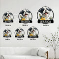 Lhasa Apso metal sign size guide showing six available square sizes in a styled living room