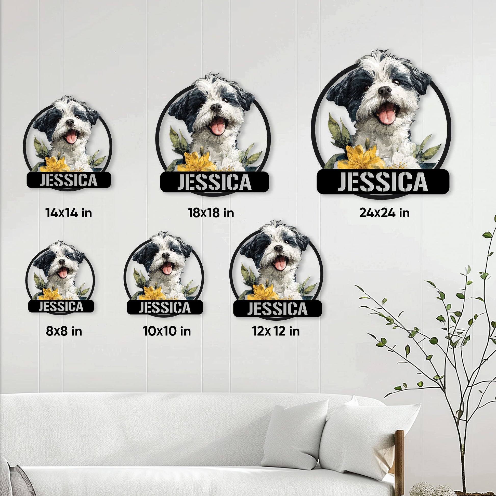 Lhasa Apso metal sign size guide showing six available square sizes in a styled living room
