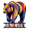 Colorful geometric bear metal sign with a bold multicolor design and decorative name-style bar