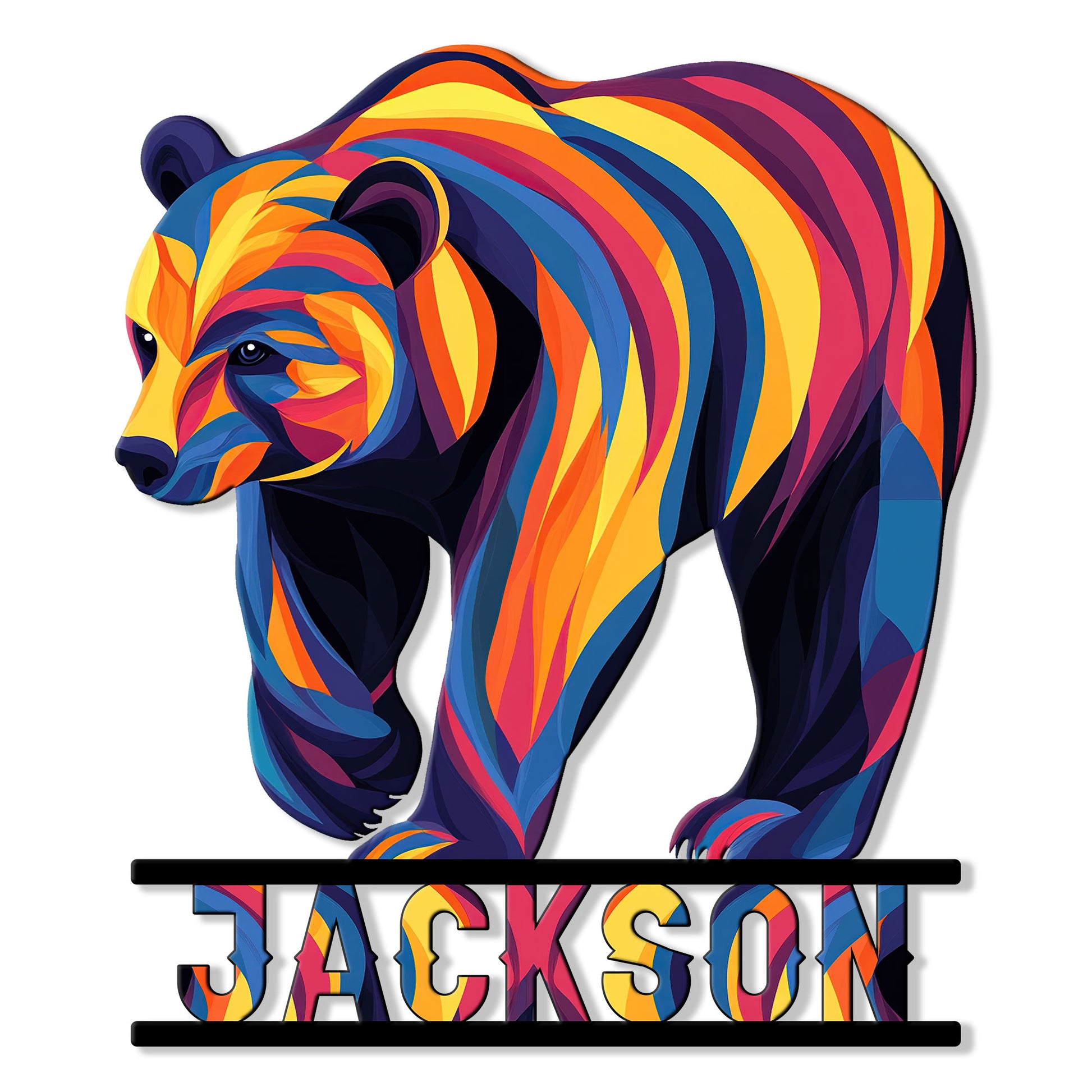 Colorful geometric bear metal sign with a bold multicolor design and decorative name-style bar