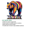 Colorful bear metal sign shown in a product feature infographic with indoor and outdoor display details