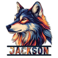 Colorful wolf head metal sign with bold silhouette framing and vivid blue, orange, and cream artwork