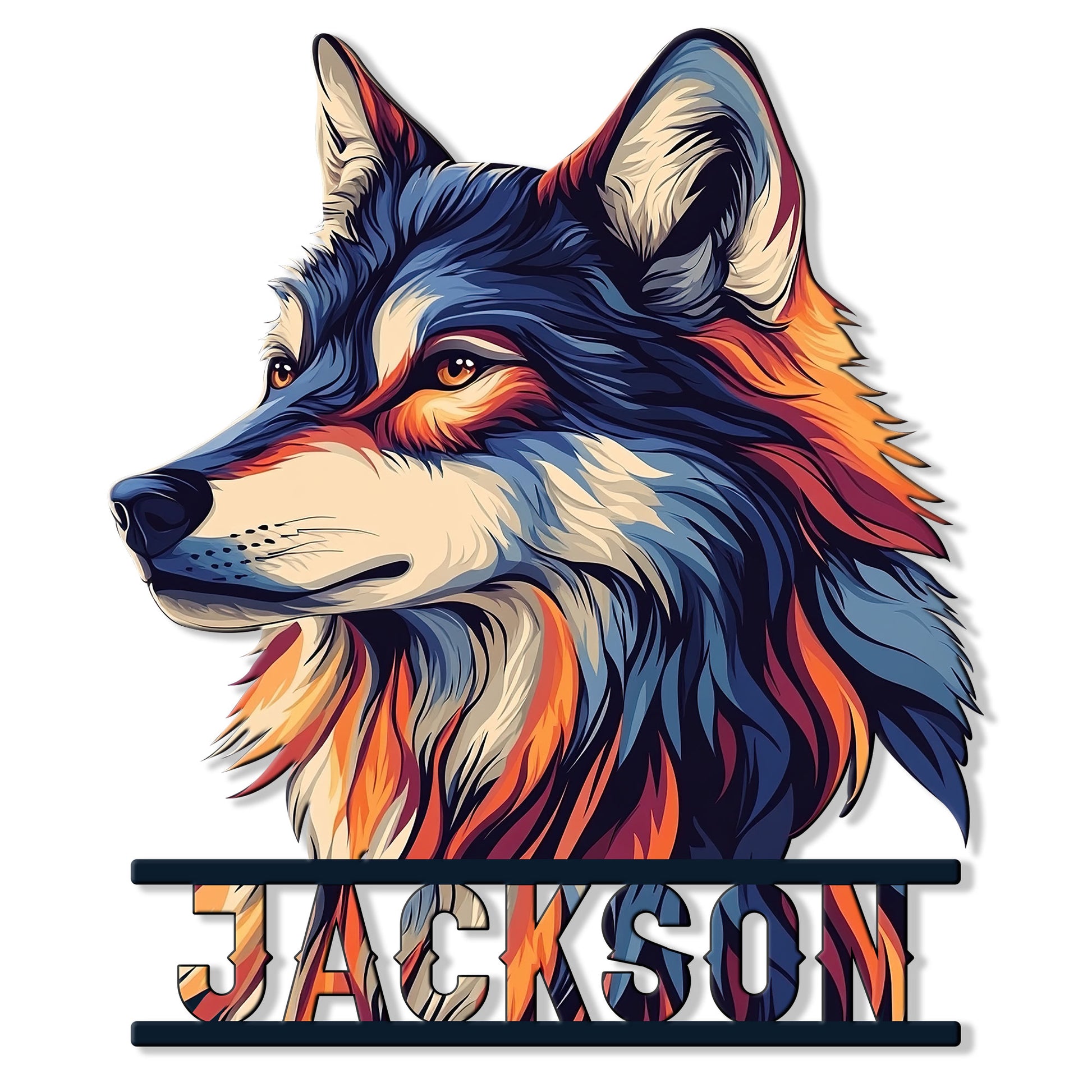 Colorful wolf head metal sign with bold silhouette framing and vivid blue, orange, and cream artwork