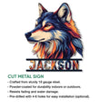 Wolf metal sign feature graphic showing the colorful wolf portrait and product presentation details