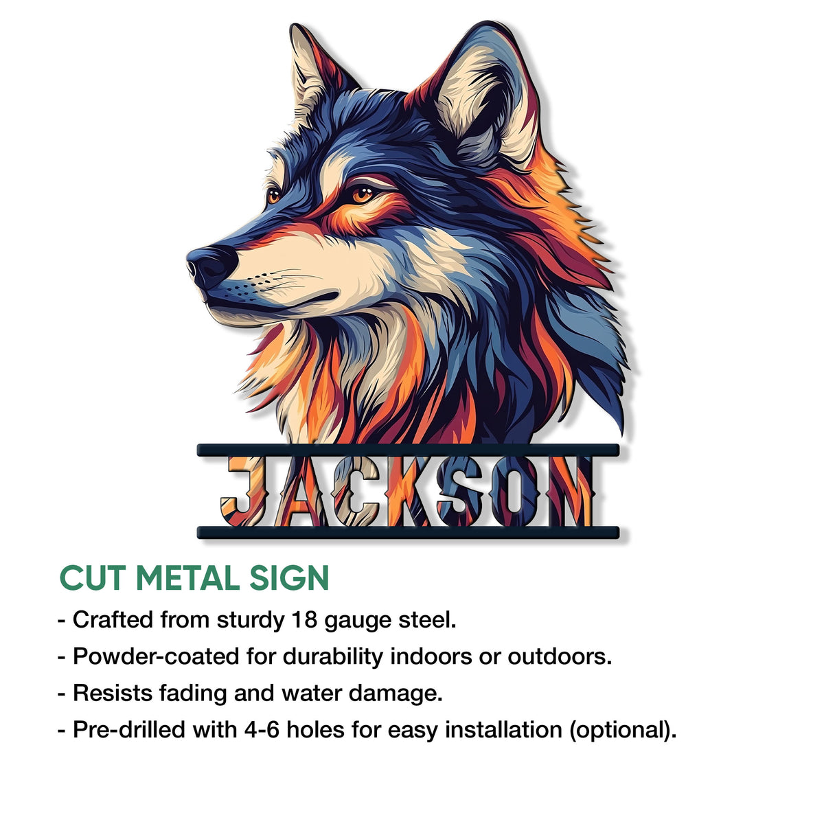 Wolf metal sign feature graphic showing the colorful wolf portrait and product presentation details