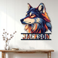 Colorful wolf wall sign displayed above a rustic console table in a bright home interior