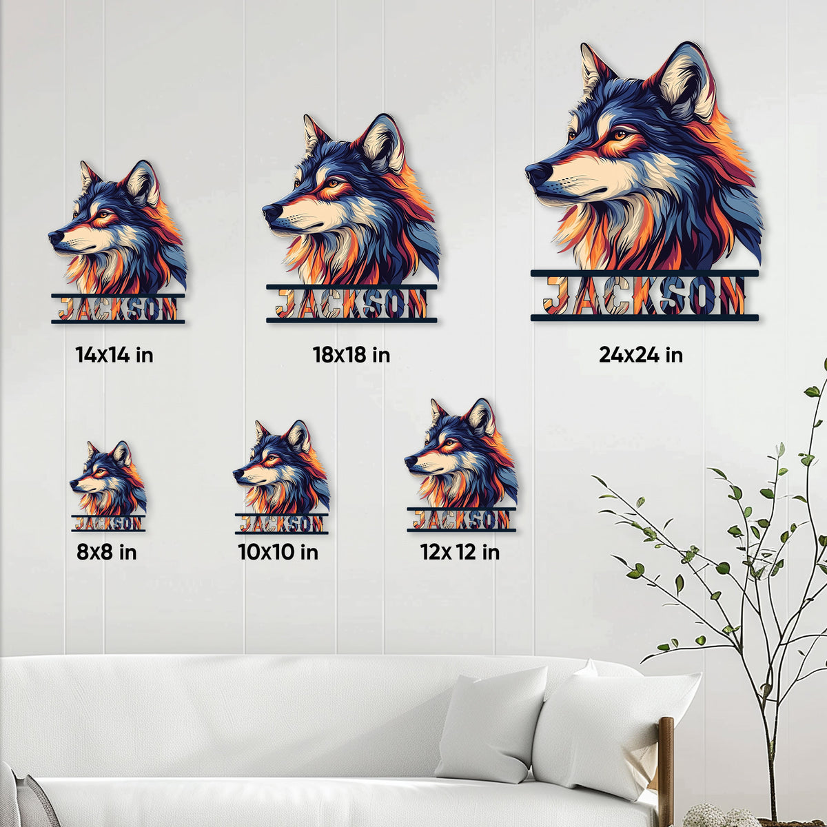 Wolf metal sign size guide showing six available square sizes from 8 by 8 to 24 by 24 inches