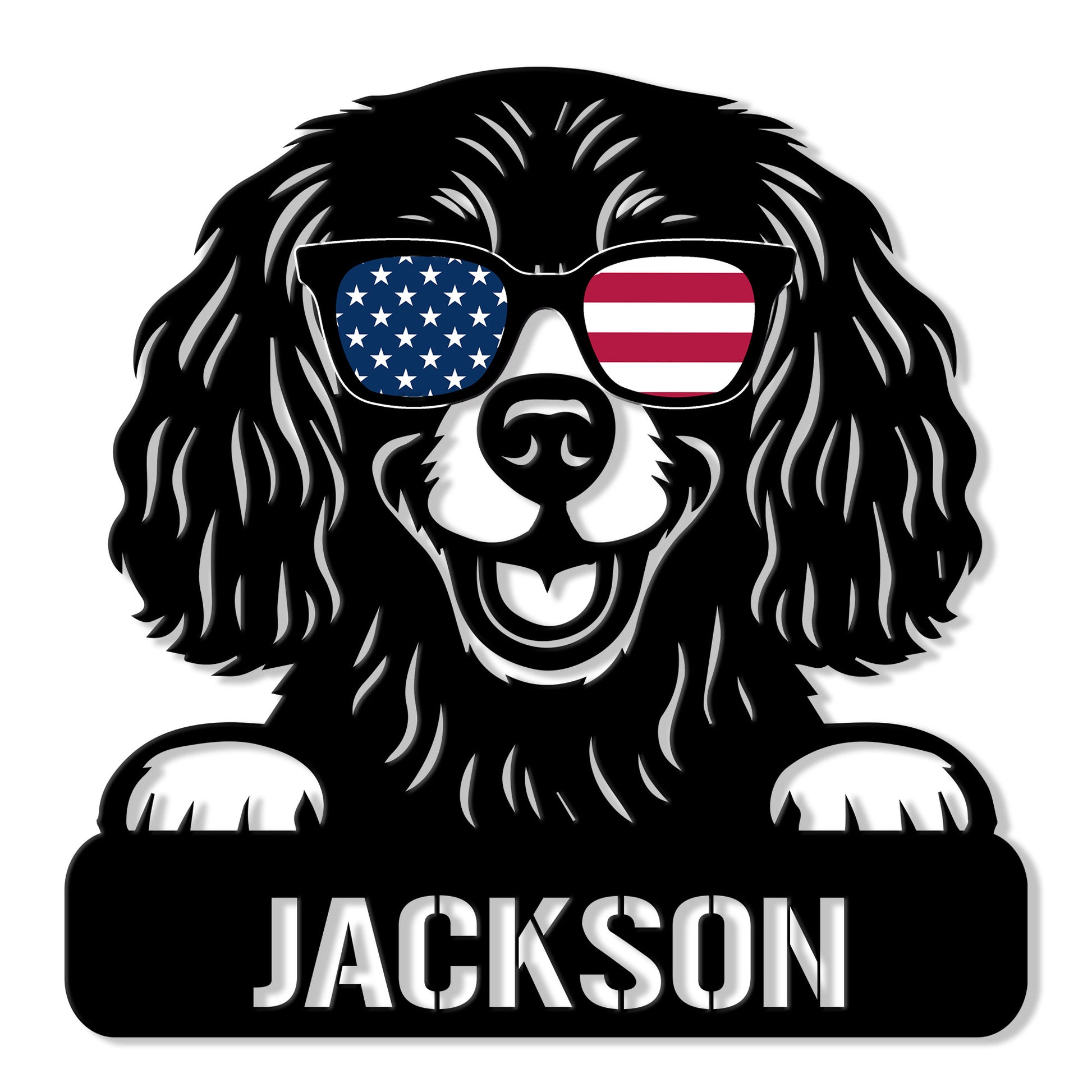 Boykin Spaniel metal sign featuring a cheerful dog portrait wearing American flag sunglasses
