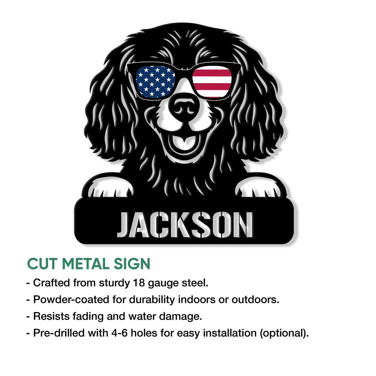 Boykin Spaniel cut metal sign shown with product features and an illustrated patriotic dog design