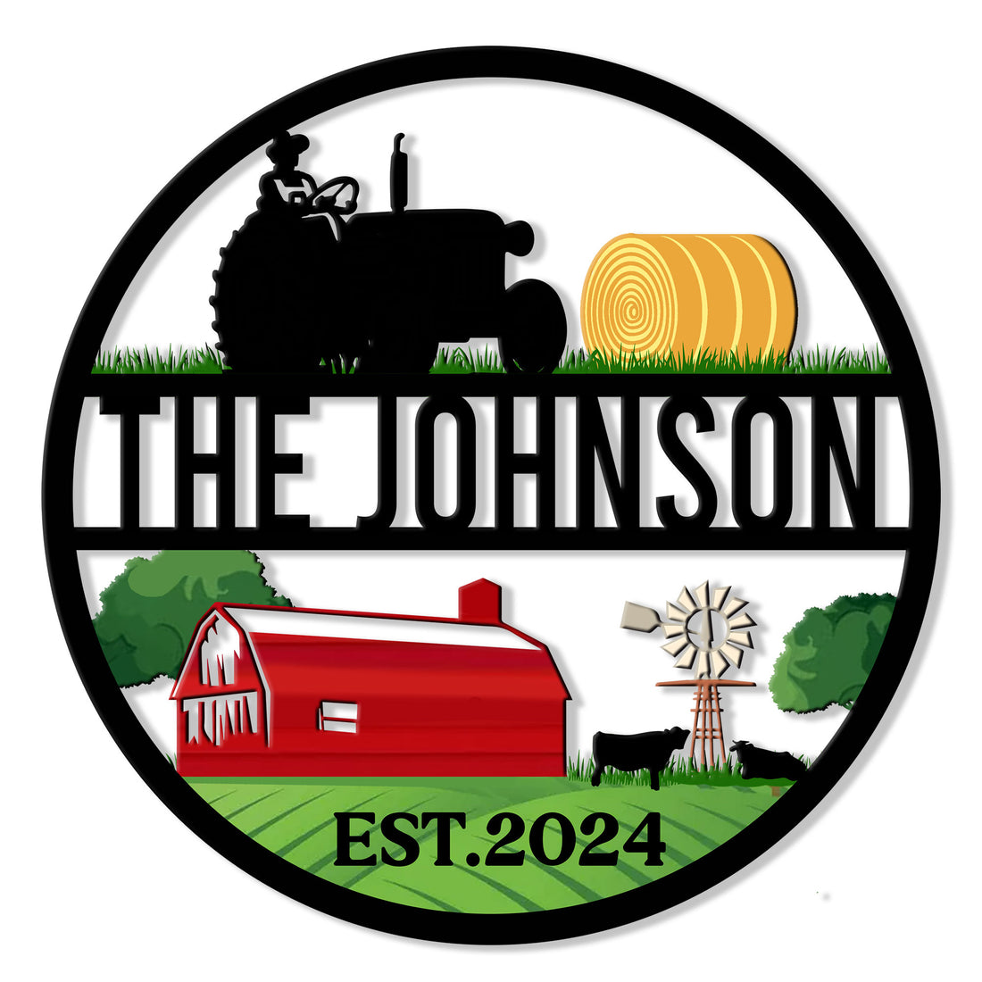 Custom tractor metal sign featuring a farm silhouette, red barn, hay bale, windmill, cattle, and green fields