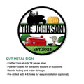 Round tractor farm sign shown with cut metal sign details and a colorful rural barnyard scene