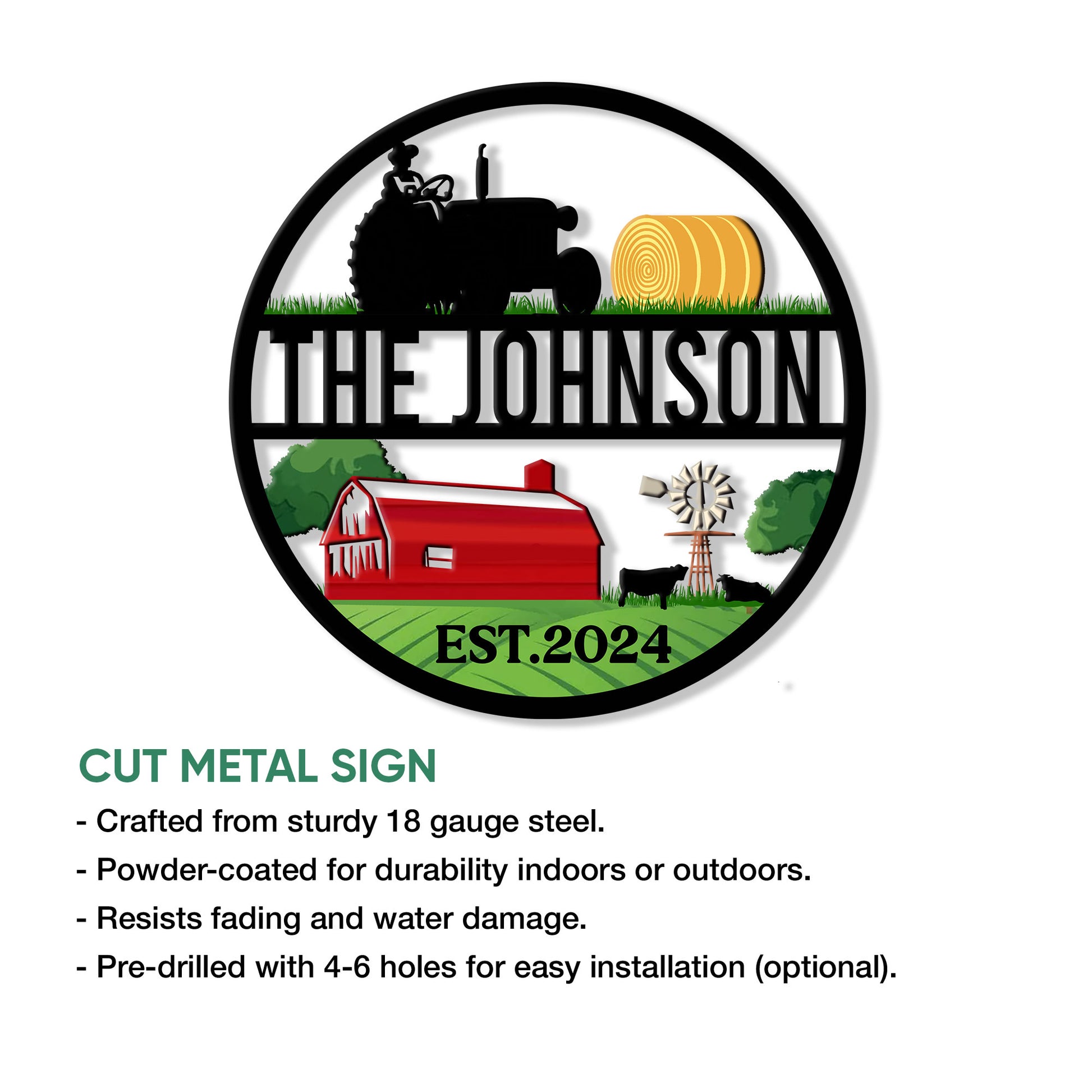 Round tractor farm sign shown with cut metal sign details and a colorful rural barnyard scene