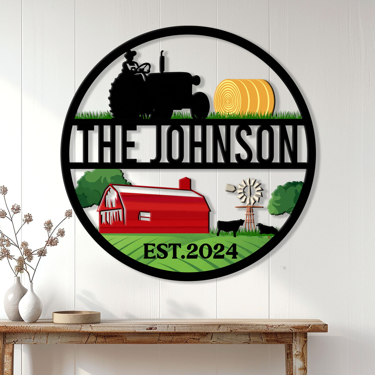 Tractor farmhouse wall decor displayed on a white paneled wall above a rustic console table