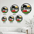 Round tractor metal sign shown in multiple size options on a farmhouse wall