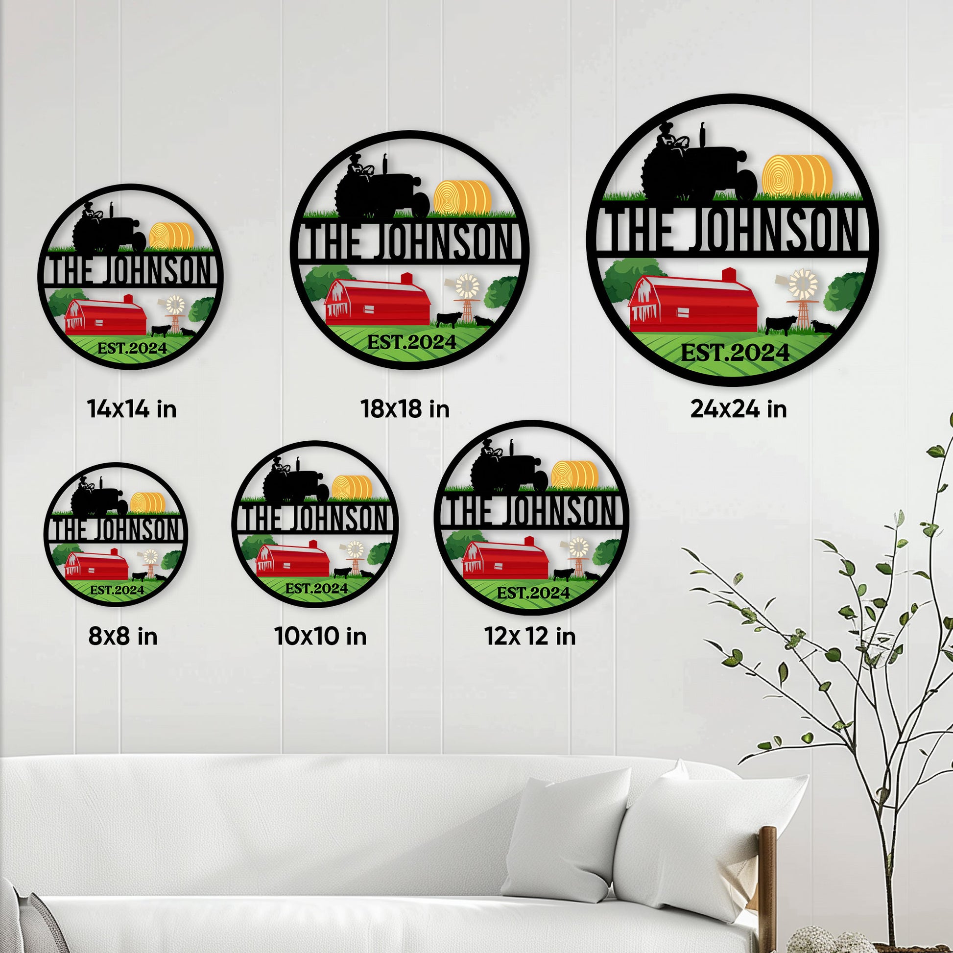 Round tractor metal sign shown in multiple size options on a farmhouse wall