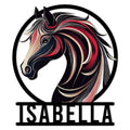 Stylized horse head metal sign with flowing black, red, and cream mane inside a bold circular frame
