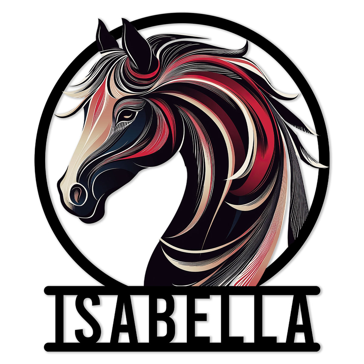 Stylized horse head metal sign with flowing black, red, and cream mane inside a bold circular frame