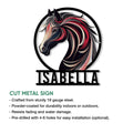 Cut metal horse sign featuring an artistic equine portrait with a flowing mane and circular outline