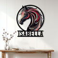 Horse metal wall sign displayed above a console table in a bright modern entryway