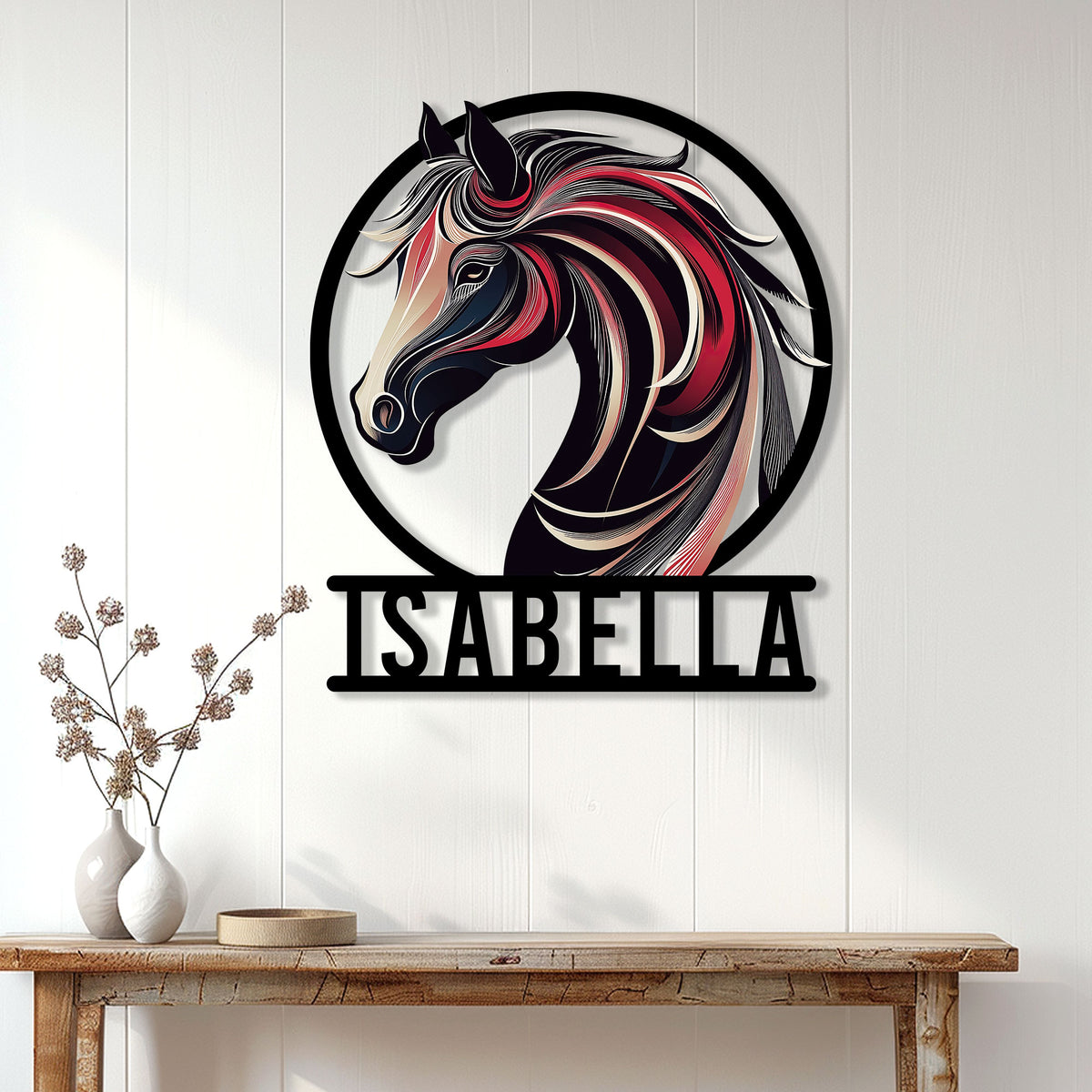 Horse metal wall sign displayed above a console table in a bright modern entryway