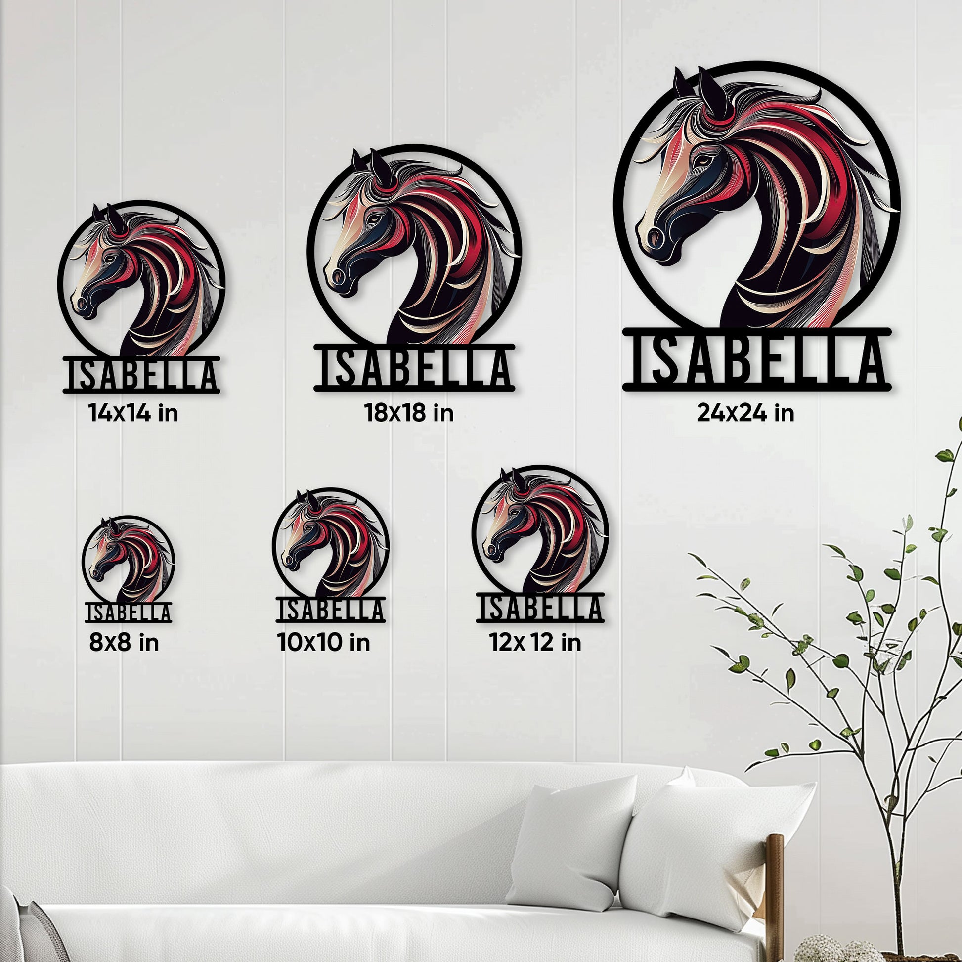 Horse metal sign size guide showing available square sizes from 8 by 8 to 24 by 24 inches