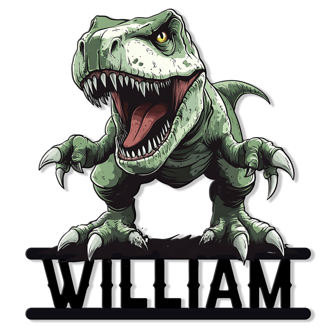 Fierce green T-Rex dinosaur metal sign with sharp claws, open jaws, and bold black lettering design