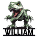 Fierce green T-Rex dinosaur metal sign with sharp claws, open jaws, and bold black lettering design