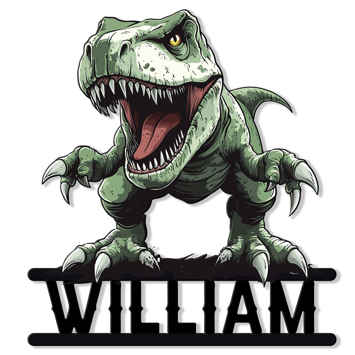 Fierce green T-Rex dinosaur metal sign with sharp claws, open jaws, and bold black lettering design