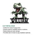 T-Rex dinosaur metal sign feature graphic highlighting cut steel construction and indoor or outdoor use