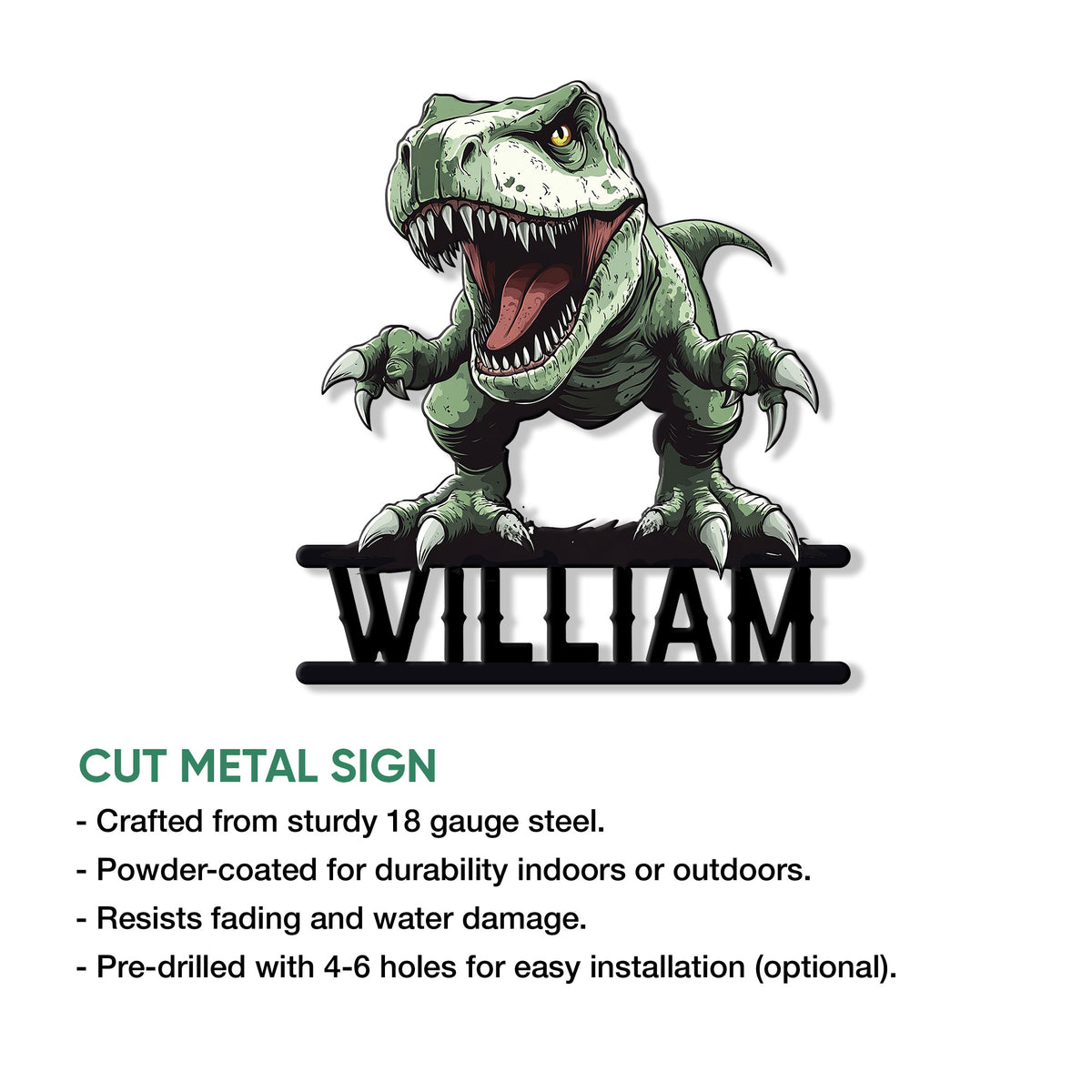 T-Rex dinosaur metal sign feature graphic highlighting cut steel construction and indoor or outdoor use