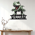 T-Rex dinosaur metal wall sign displayed on a light wood-paneled wall above a console table