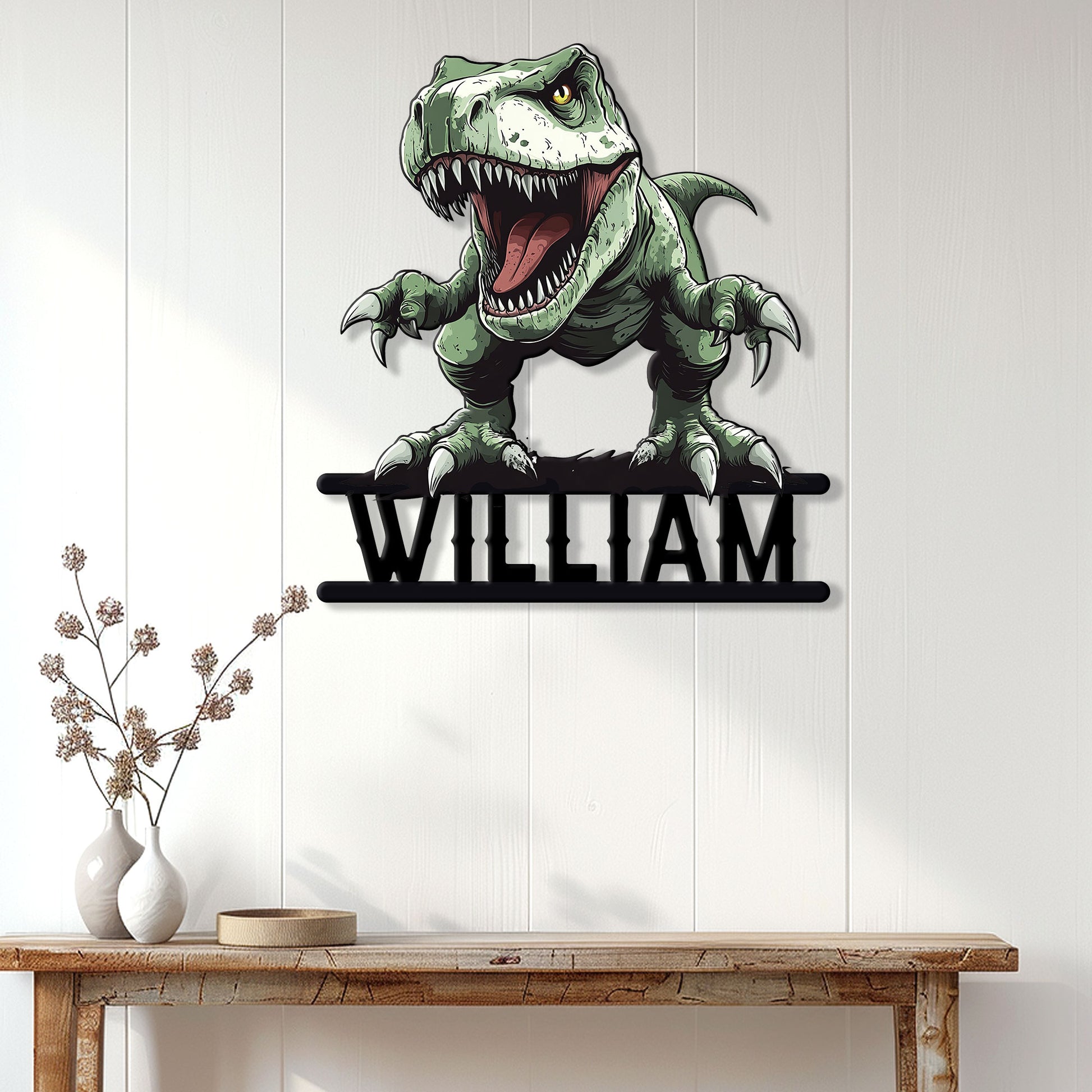 T-Rex dinosaur metal wall sign displayed on a light wood-paneled wall above a console table