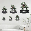 Dinosaur metal sign size guide showing available square sizes from 8 by 8 to 24 by 24 inches