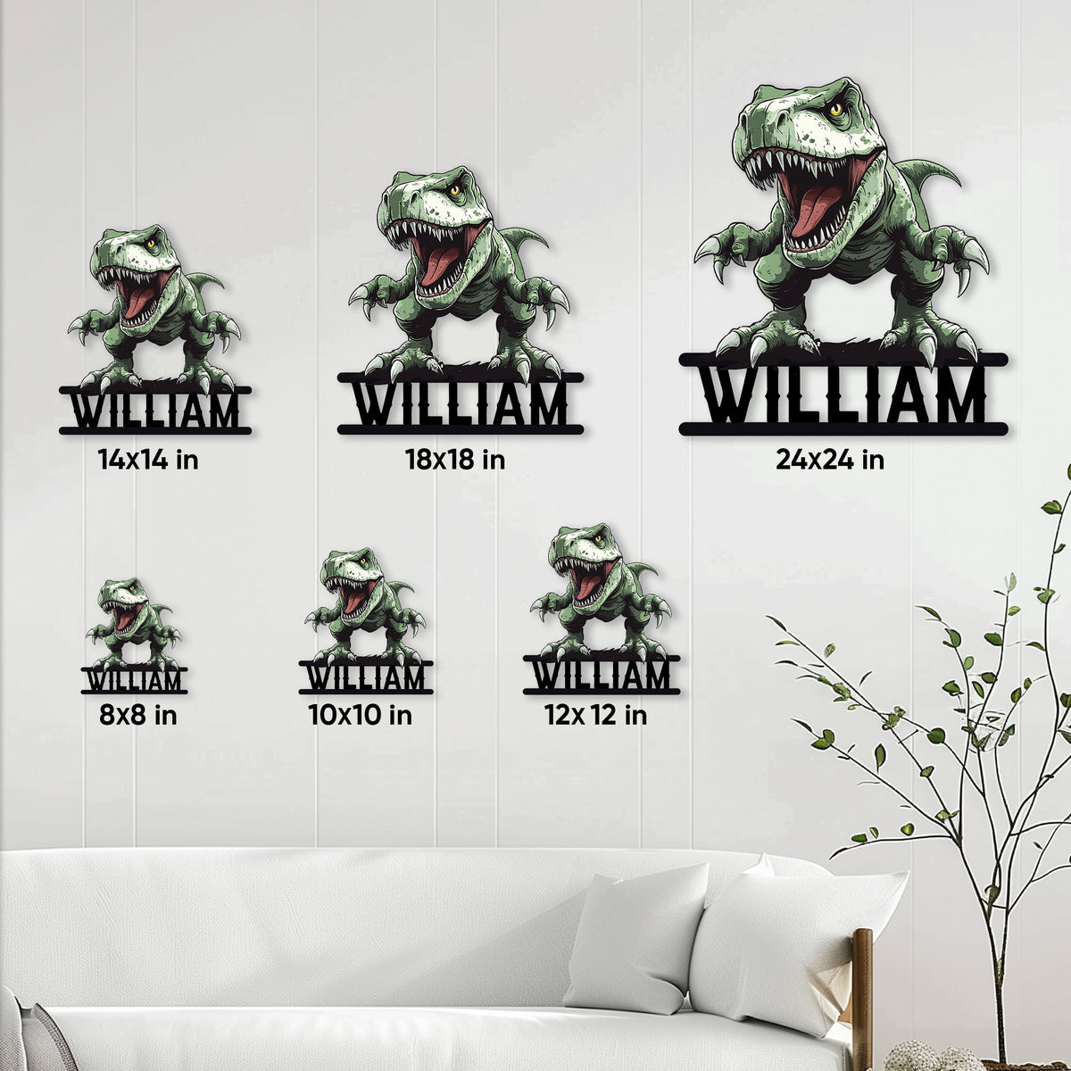 Dinosaur metal sign size guide showing available square sizes from 8 by 8 to 24 by 24 inches