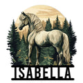 Horse metal sign featuring a majestic horse among evergreen trees beneath a warm forest moon