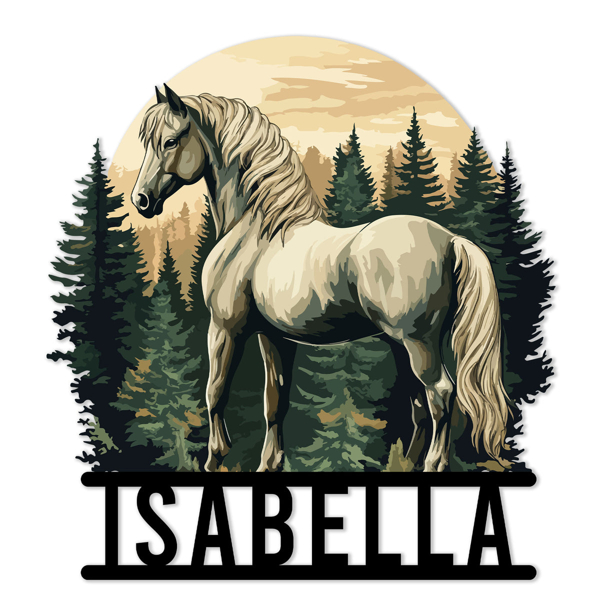Horse metal sign featuring a majestic horse among evergreen trees beneath a warm forest moon