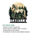Horse metal sign artwork shown with product feature callouts and installation options