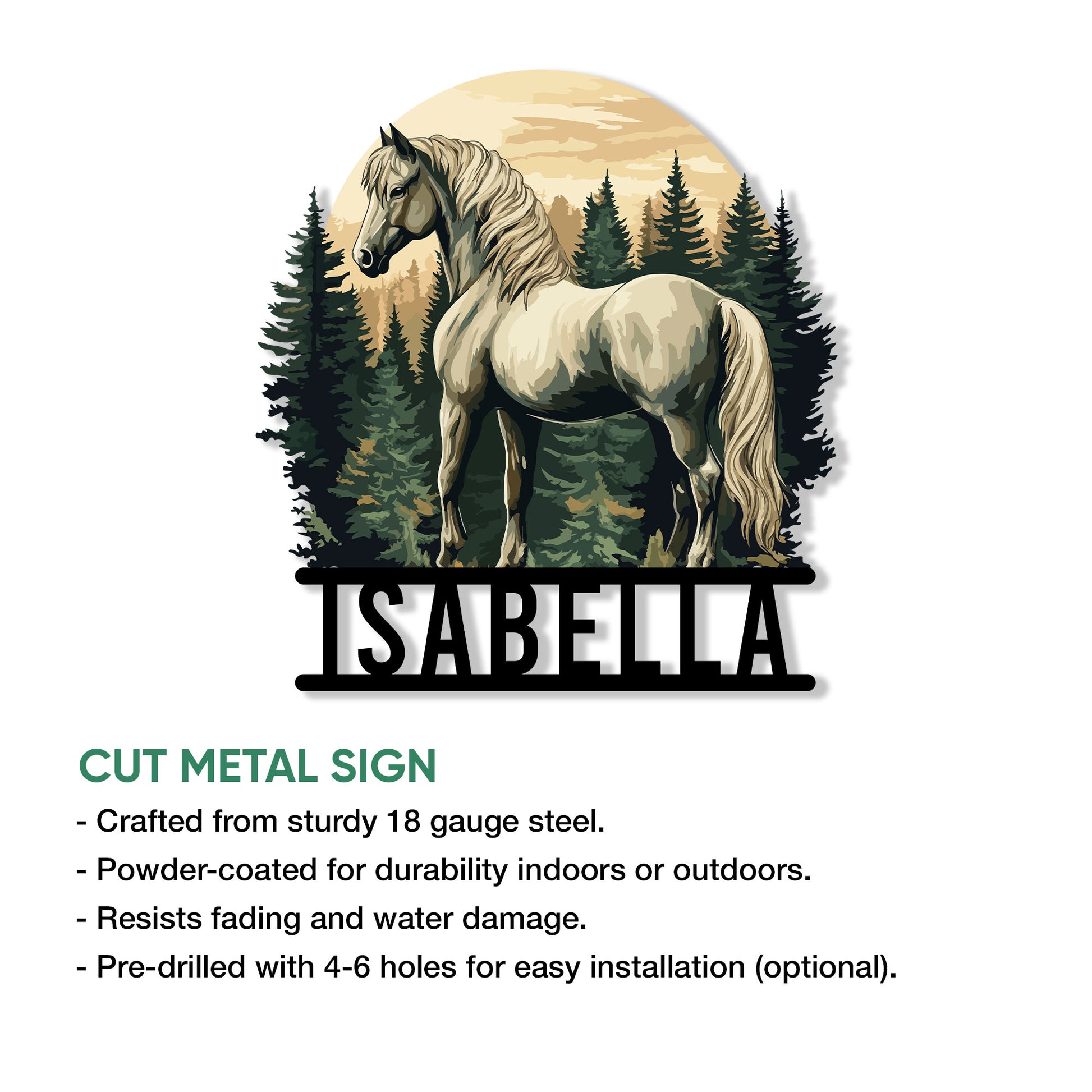 Horse metal sign artwork shown with product feature callouts and installation options