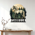 Horse wall decor displayed on a light wood-paneled wall above a console table