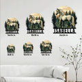 Horse metal sign size guide showing six available square size options in a living room setting