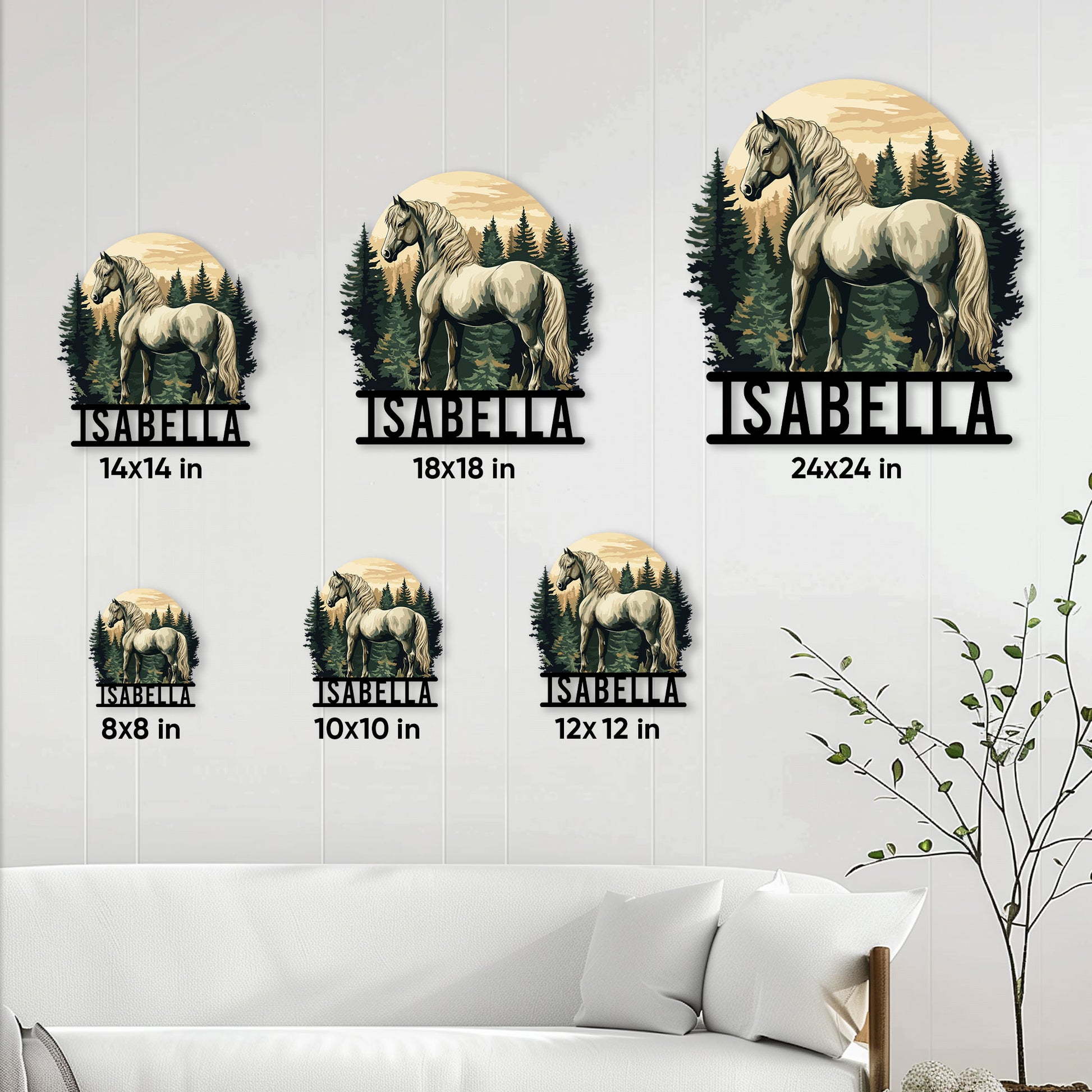 Horse metal sign size guide showing six available square size options in a living room setting
