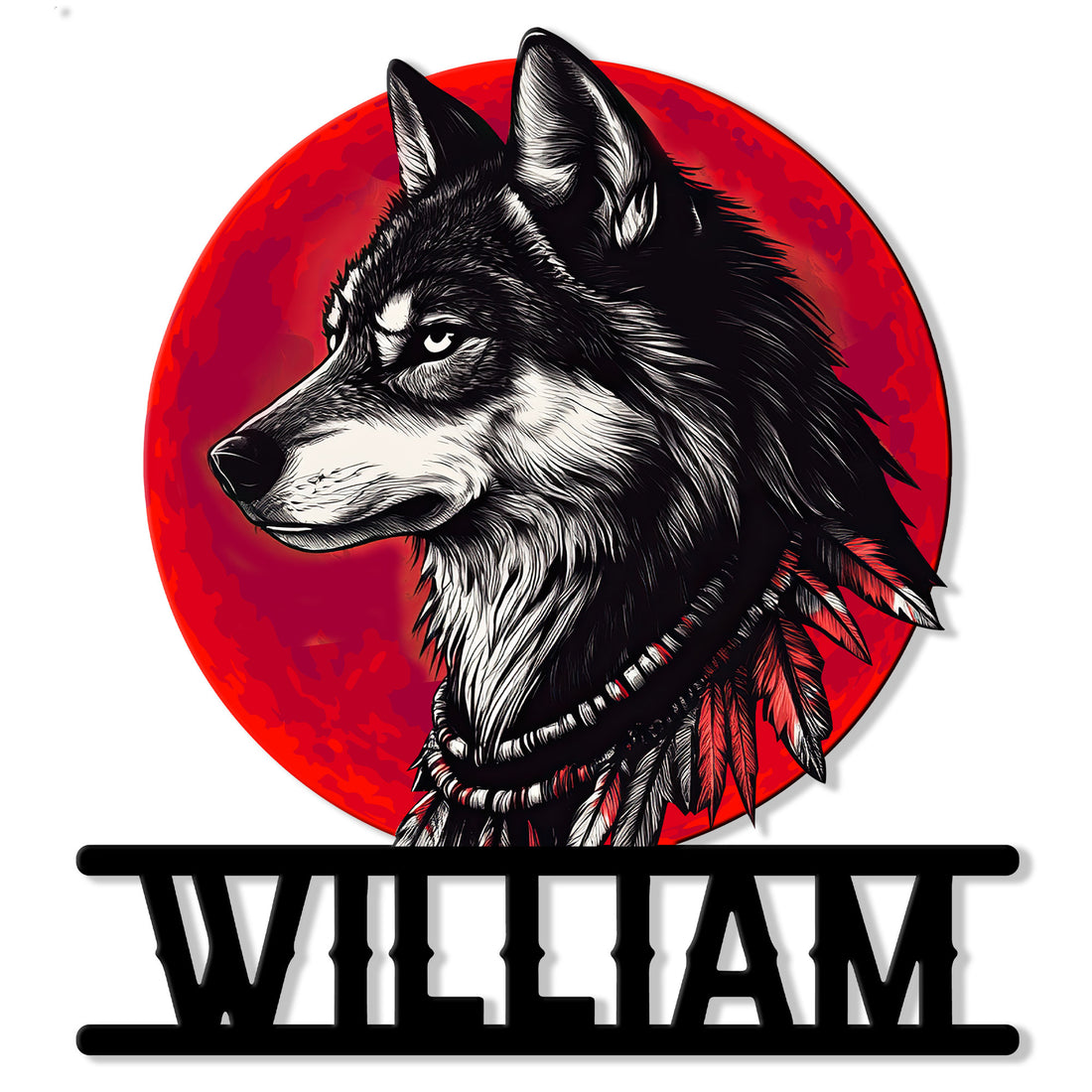 Native American-inspired wolf metal sign with a bold black-and-white portrait, red sun, and feather accents