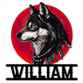 Native American-inspired wolf metal sign with a bold black-and-white portrait, red sun, and feather accents