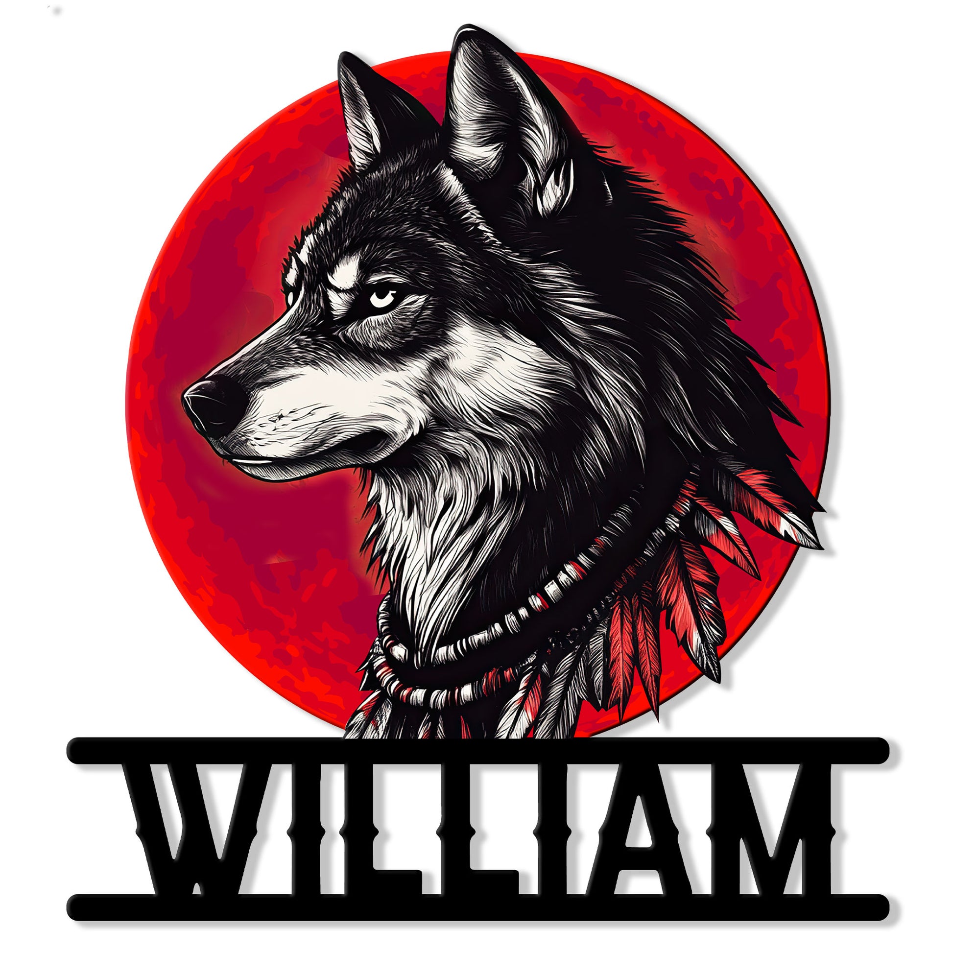 Native American-inspired wolf metal sign with a bold black-and-white portrait, red sun, and feather accents