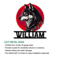 Wolf metal sign product graphic highlighting cut-metal construction and indoor or outdoor display use
