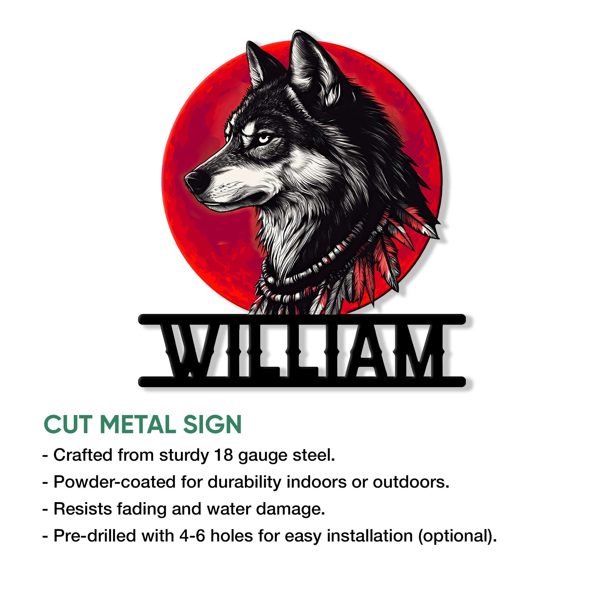 Wolf metal sign product graphic highlighting cut-metal construction and indoor or outdoor display use