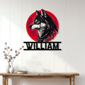 Native American-inspired wolf wall sign displayed above a console table in a bright home interior