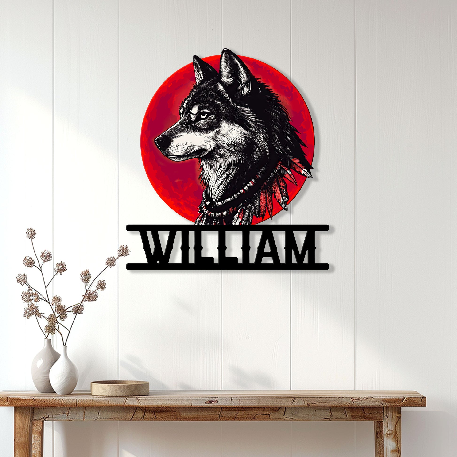 Native American-inspired wolf wall sign displayed above a console table in a bright home interior